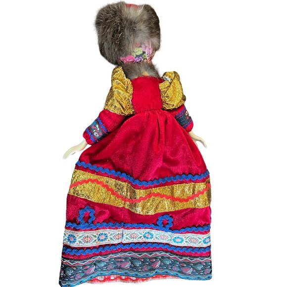 Pretty Hand Painted Russian Porcelain Girl Doll In Colorfully Dress & Fur Hat - Picture 4 of 14